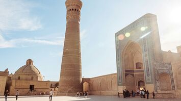 Kalyan Minaret and surrounding historical buildings in Bukhara, Uzbekistan