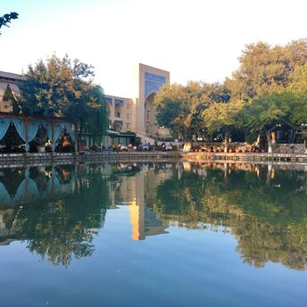 Lyab-i Hauz pond and surrounding trees in Bukhara, Uzbekistan