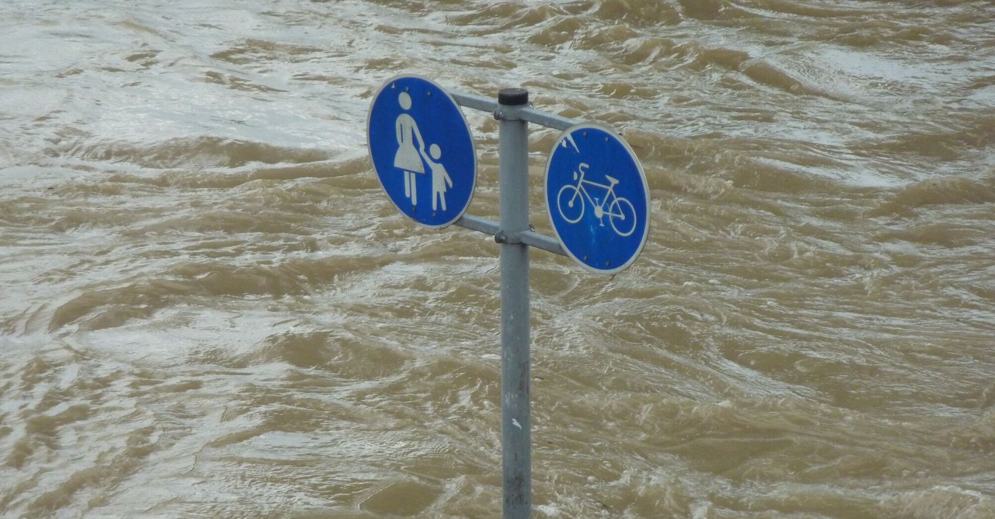 Flood waters submerge a pedestrian and bicycle sign