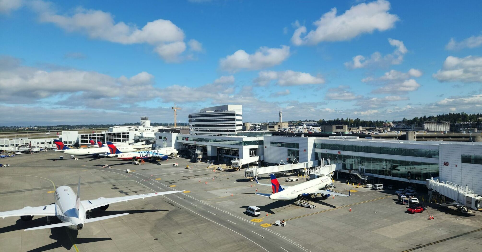 Aerial view of planes at SeaTac Airport on a clear day