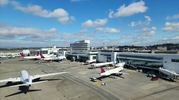 Aerial view of planes at SeaTac Airport on a clear day