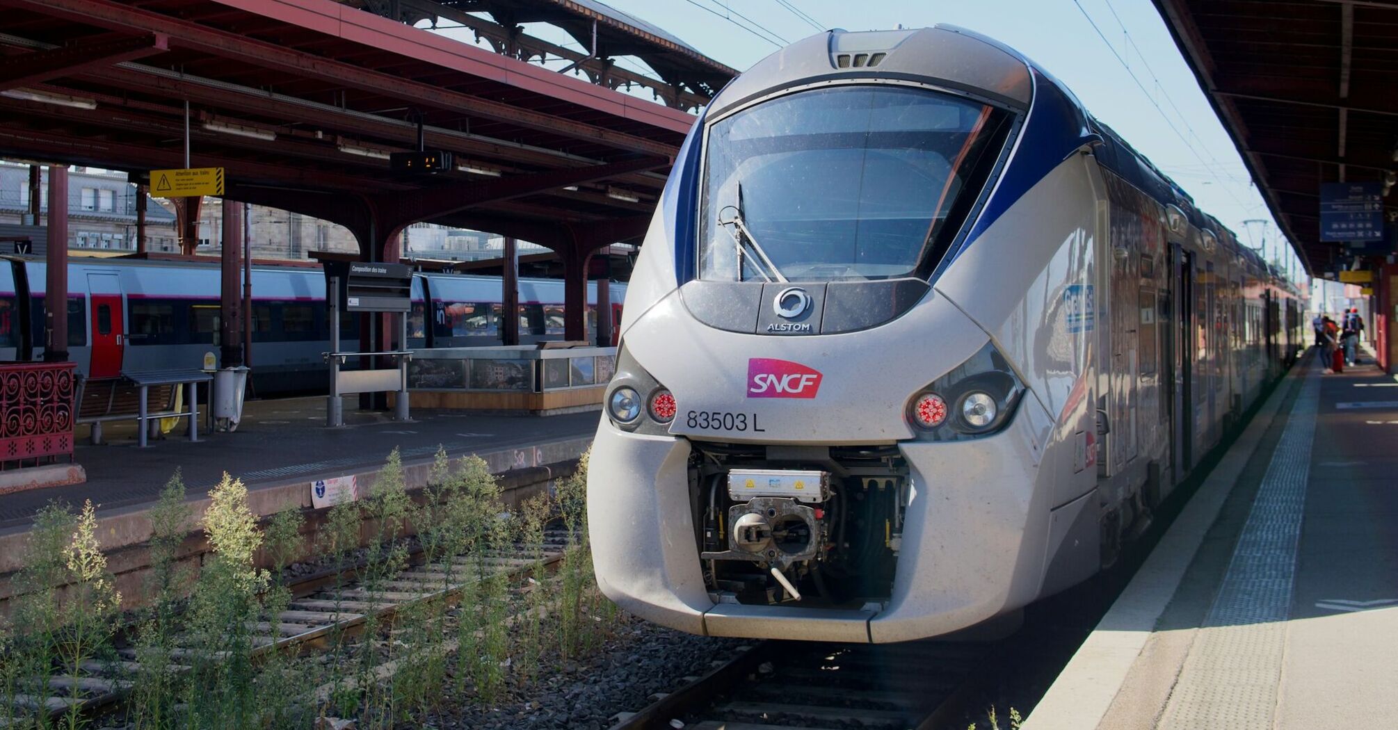 SNCF train at a railway station platform