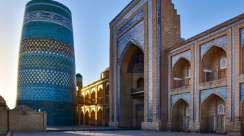 Kalta Minor Minaret and surrounding architecture in Khiva, Uzbekistan