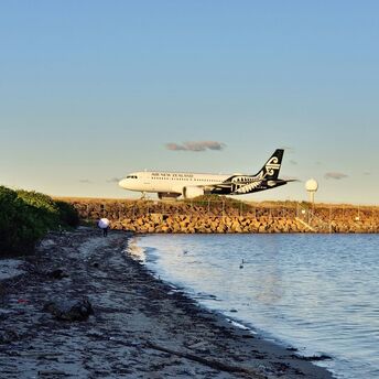Air New Zealand airplane landing near a coastal area with a person walking along the shoreline