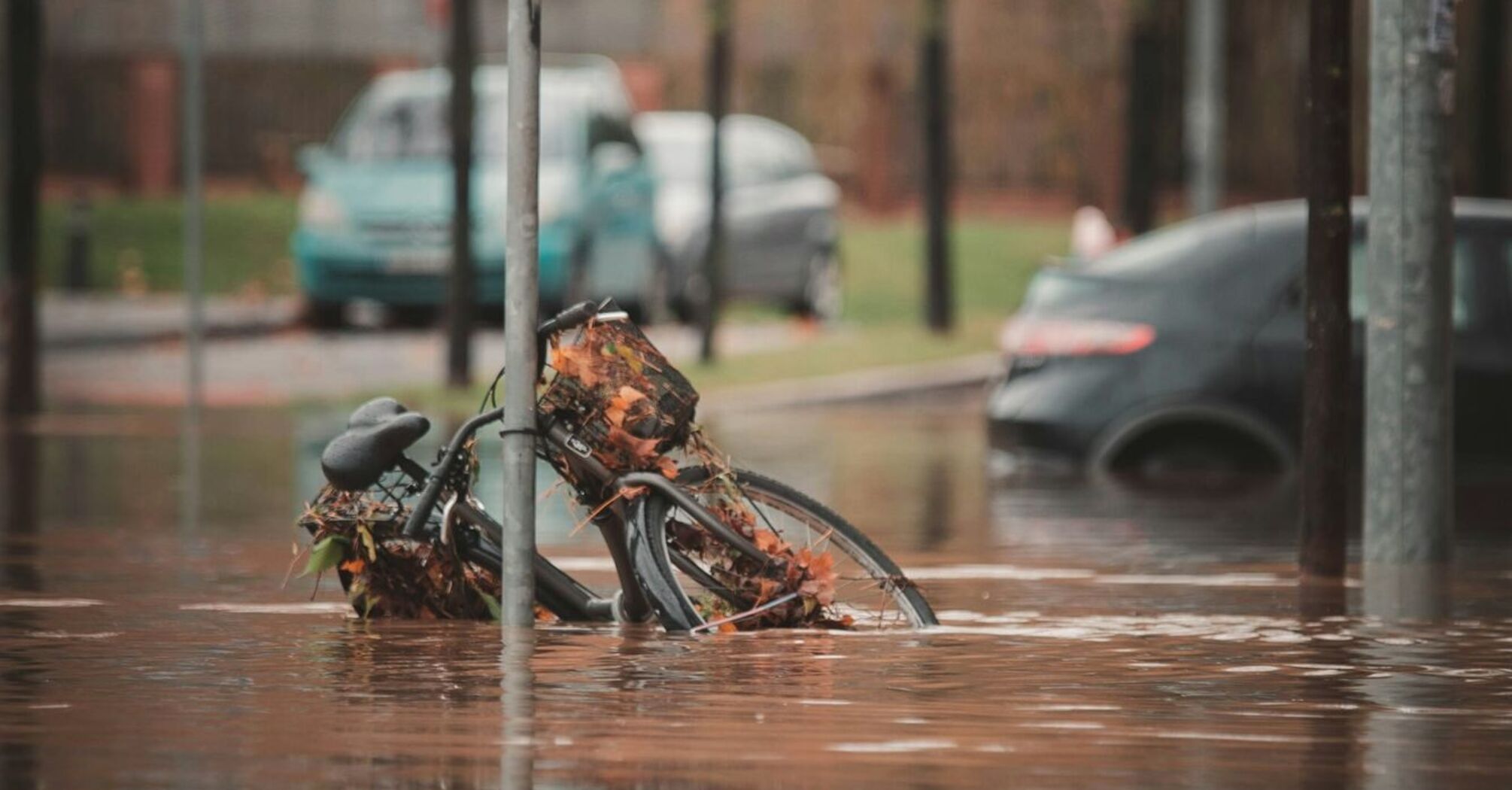 Flooded street with a submerged bicycle near a pedestrian crossing