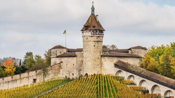 A medieval stone fortress with a prominent tower surrounded by autumnal vineyards