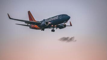 A Southwest Airlines plane descending over palm trees and a city skyline during sunset