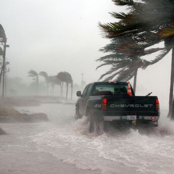 Truck driving through flooded road during a hurricane with strong winds bending palm trees