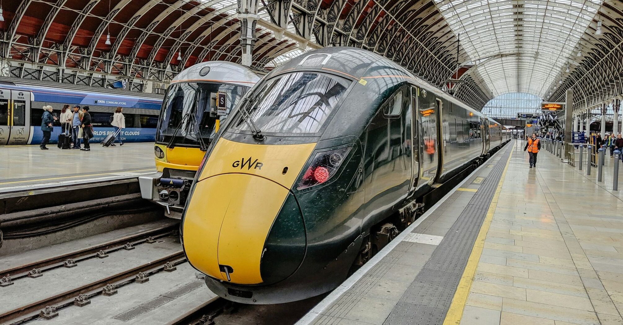 Trains at London Paddington Station during the day