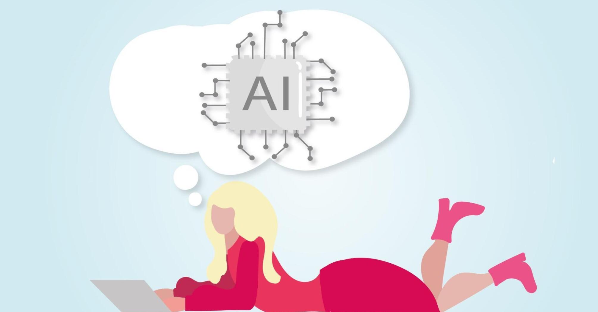 Illustration of a woman using a laptop with an AI chip in her thought bubble