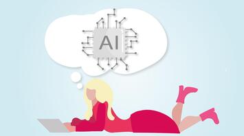 Illustration of a woman using a laptop with an AI chip in her thought bubble