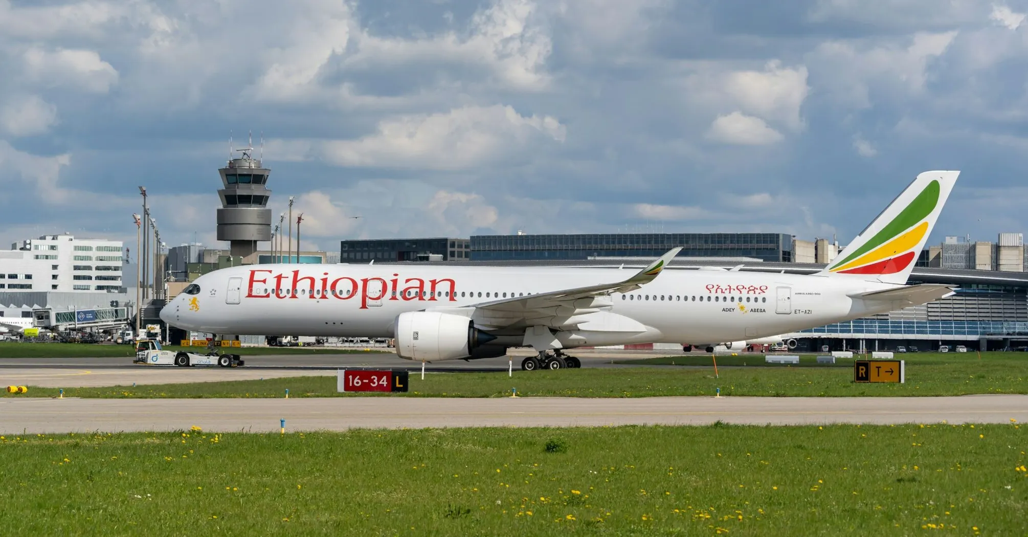 Ethiopian Airlines plane on the runway at an airport