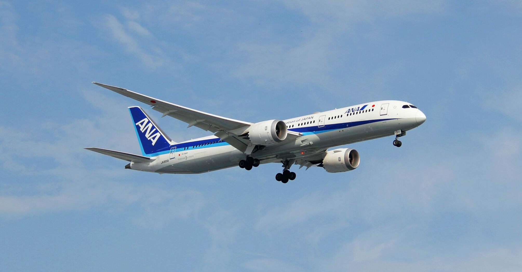 ANA plane flying in a clear blue sky