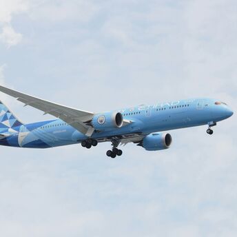 Etihad Airways Boeing 787 Dreamliner in flight, painted in a special blue livery