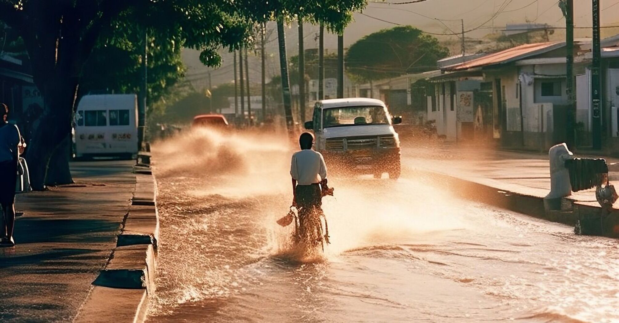 Flooded street after a typhoon with a person cycling through water