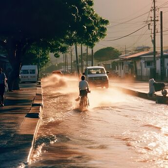 Flooded street after a typhoon with a person cycling through water