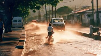 Flooded street after a typhoon with a person cycling through water