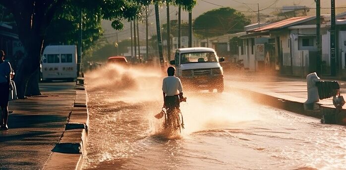 Flooded street after a typhoon with a person cycling through water