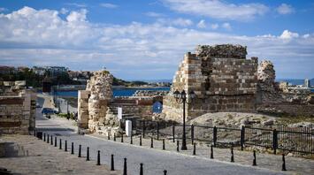Ancient ruins and modern architecture along Sozopol's scenic coastline