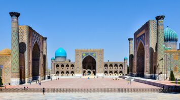 Historic Registan Square in Samarkand with vibrant tiled madrasahs
