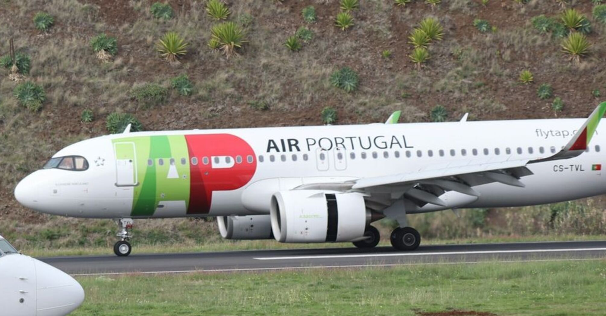 TAP Air Portugal aircraft on a runway with a green hillside in the background