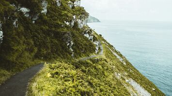 A winding coastal path along green cliffs overlooking the sea under a cloudy sky