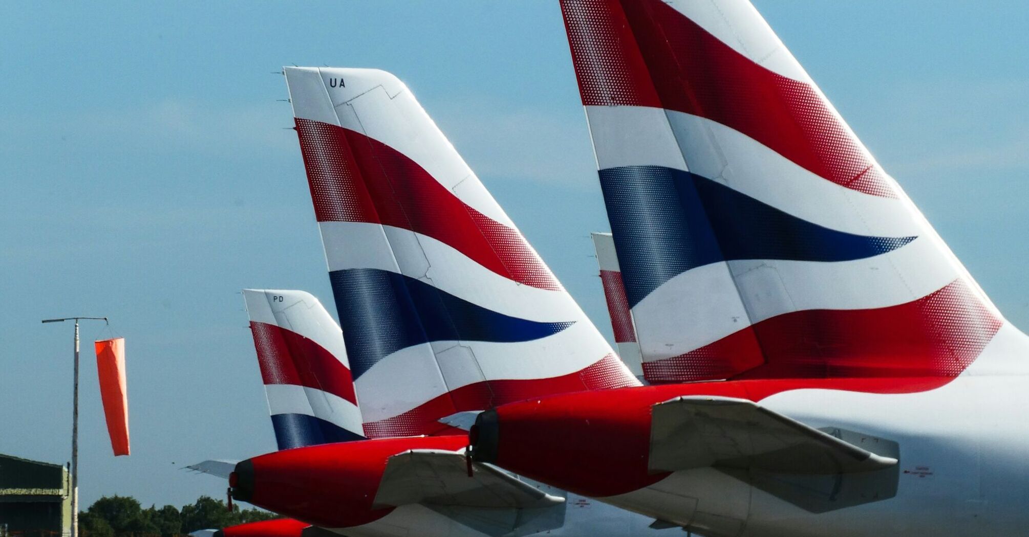 Tail fins of airplanes featuring UK flag design