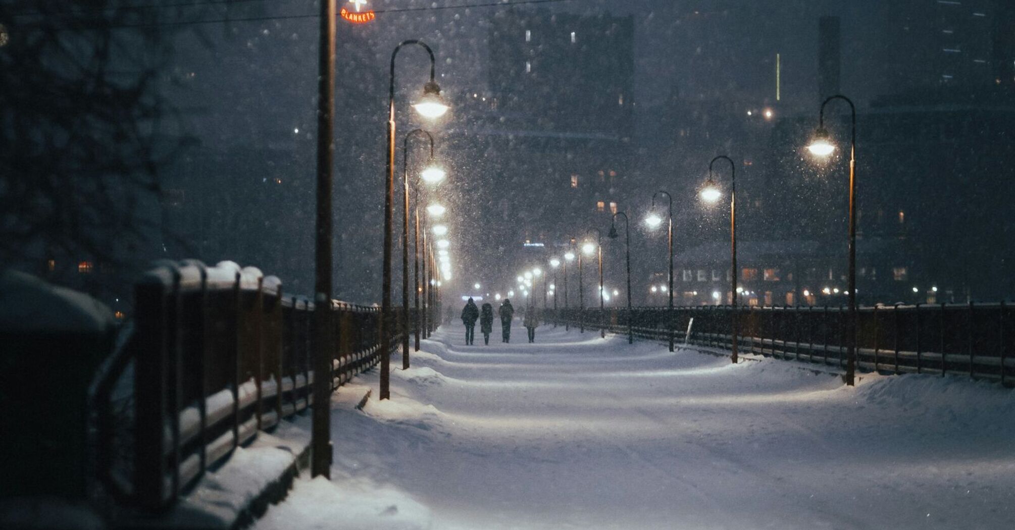 Snow-covered pathway illuminated by streetlights at night