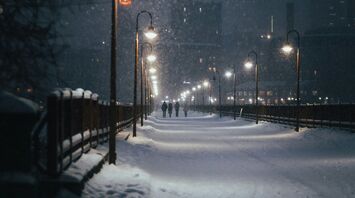 Snow-covered pathway illuminated by streetlights at night