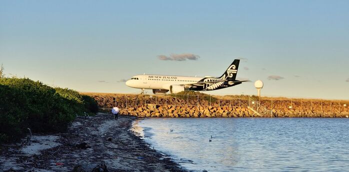 Air New Zealand aircraft parked near a coastal area with clear skies