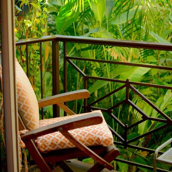 A cozy chair on a balcony surrounded by lush green tropical plants