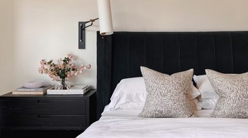 Modern hotel bedroom with neatly made bed and bedside table