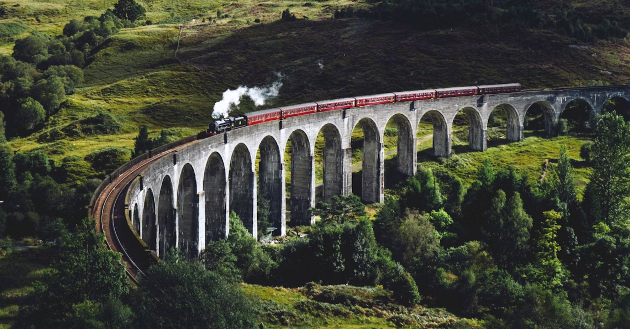 Steam train crossing a scenic viaduct in the Scottish Highlands