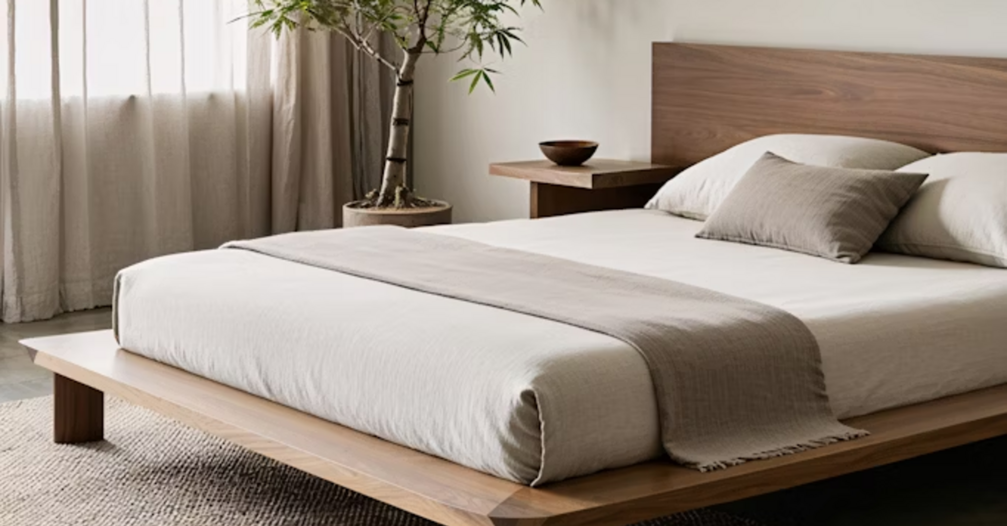 Modern minimalist hotel bedroom with wooden furniture and neutral tones