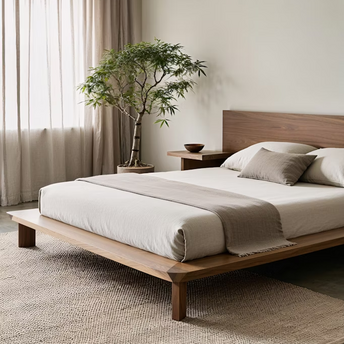 Modern minimalist hotel bedroom with wooden furniture and neutral tones