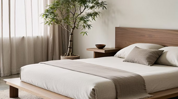 Modern minimalist hotel bedroom with wooden furniture and neutral tones