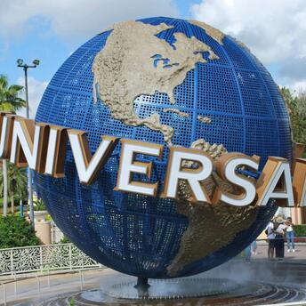Universal Studios globe monument at a theme park entrance