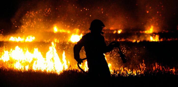 Firefighter battling massive flames during a nighttime wildfire