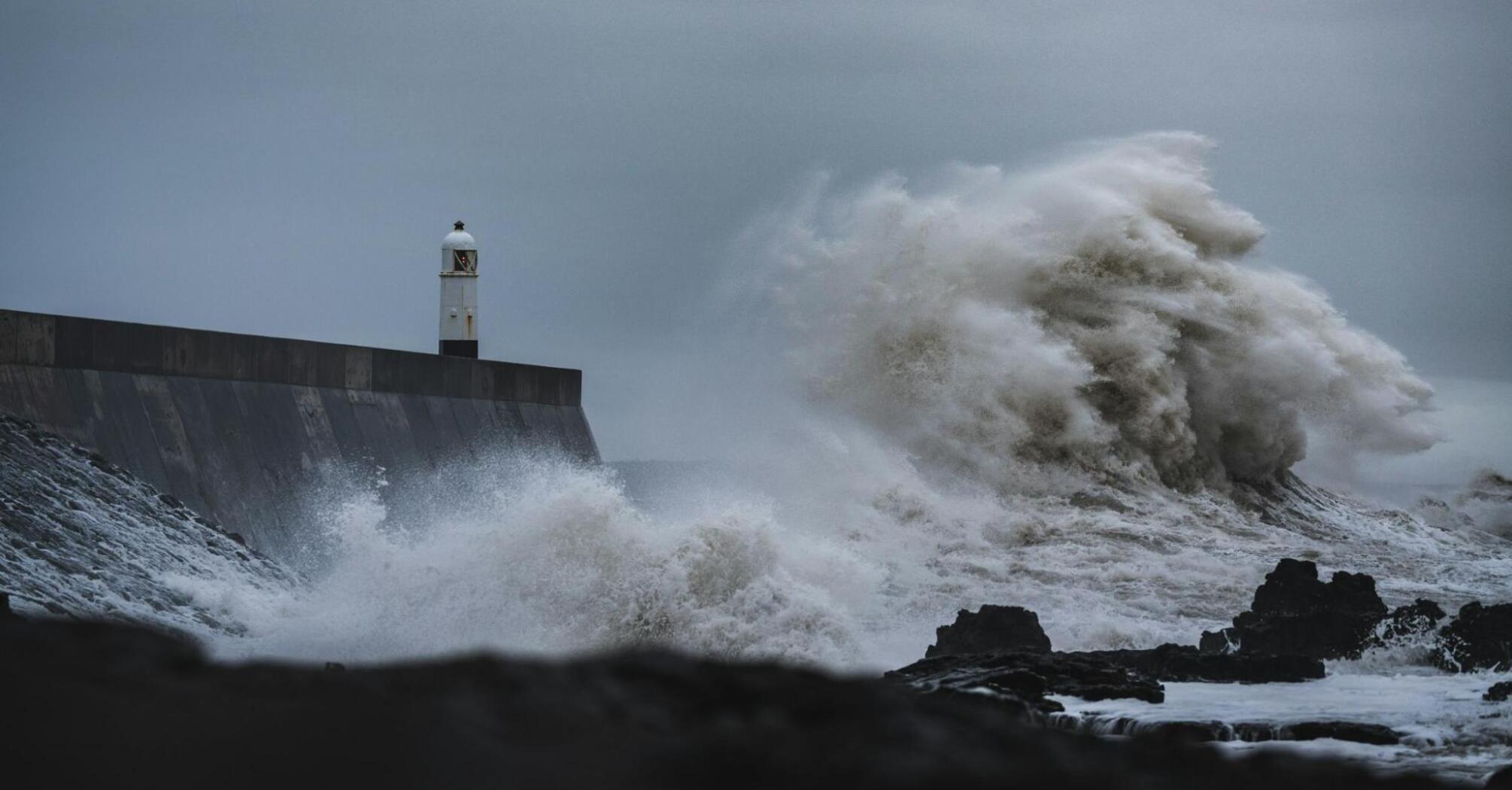 Large waves crash against a lighthouse during a storm