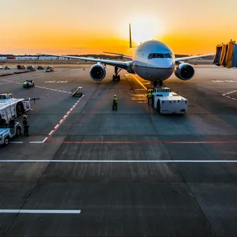 Aircraft being prepared for departure at sunrise