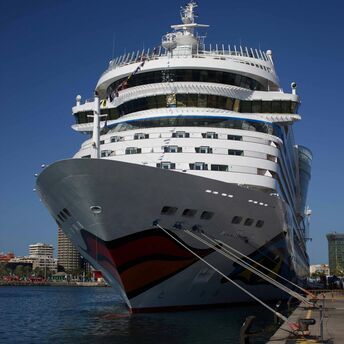 Luxury cruise ship docked under clear blue sky