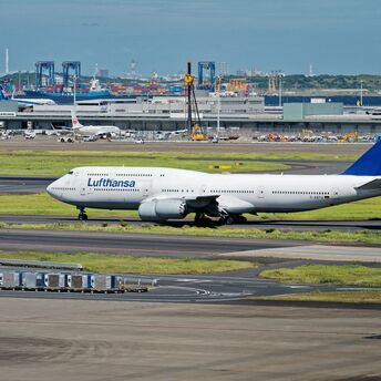Lufthansa Boeing 747 taxiing at an international airport