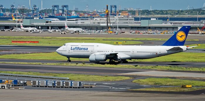 Lufthansa Boeing 747 taxiing at an international airport