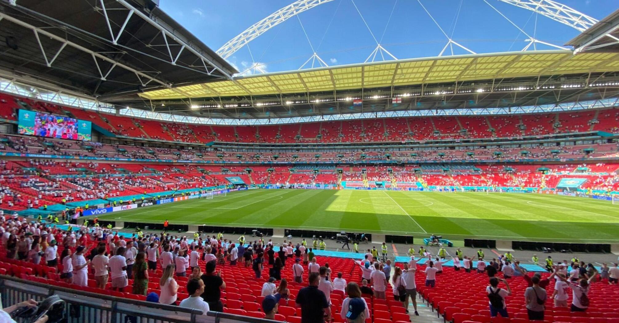 View of Wembley Stadium filled with England fans before a football match