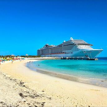 Cruise ship docked near a tropical beach with clear blue water