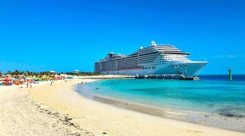 Cruise ship docked near a tropical beach with clear blue water