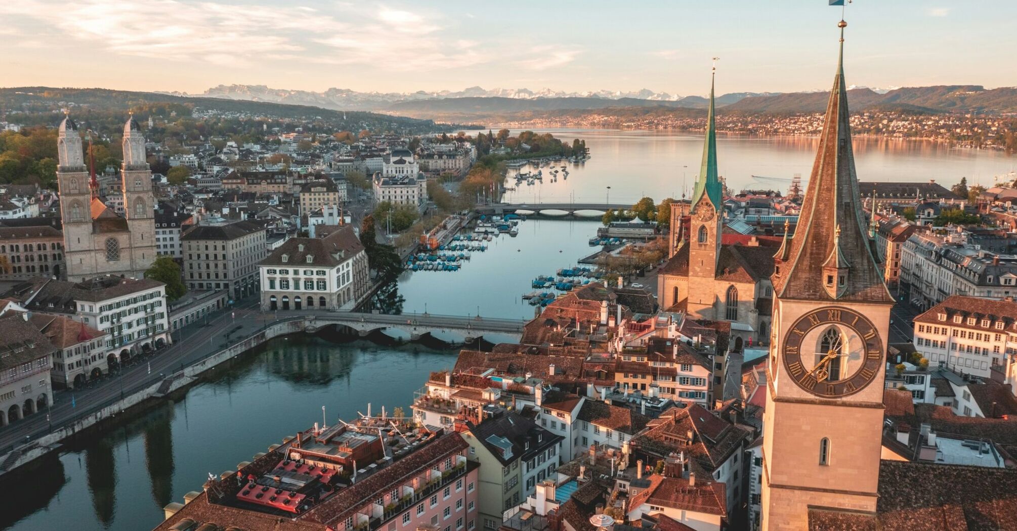 Aerial view of Zürich’s Old Town and Lake Zürich at sunrise