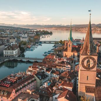Aerial view of Zürich’s Old Town and Lake Zürich at sunrise