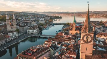 Aerial view of Zürich’s Old Town and Lake Zürich at sunrise