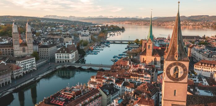 Aerial view of Zürich’s Old Town and Lake Zürich at sunrise